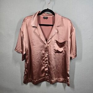 Soma Sensual‎ Shirt Womens Large Pink Satin Button Front Short Sleeve Blouse Top
